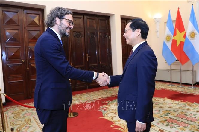Bộ trưởng Ngoại giao Bùi Thanh Sơn đón Bộ trưởng Ngoại giao, Ngoại thương và Tôn giáo Argentina Santiago Andres Cafiero (Ảnh: Lâm Khánh/TTXVN).