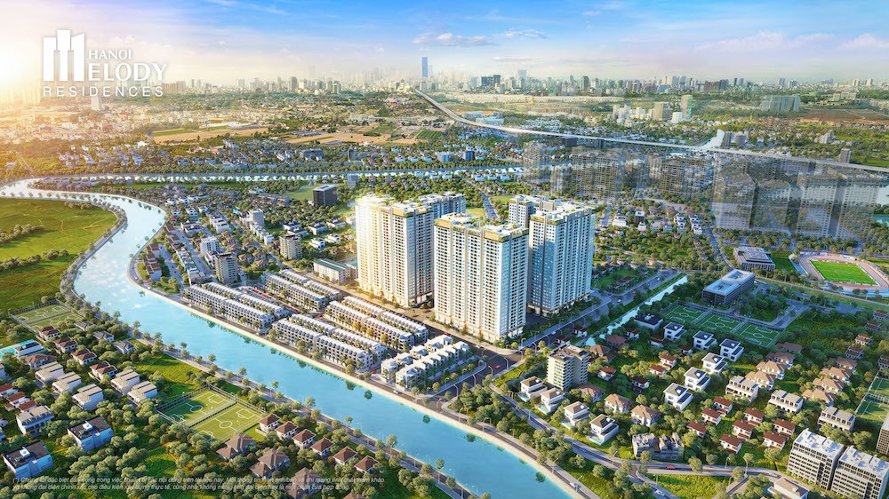 Hanoi Melody Residences sở hữu vị trí đắc địa, bao quanh bởi những mảng xanh rộng lớn.