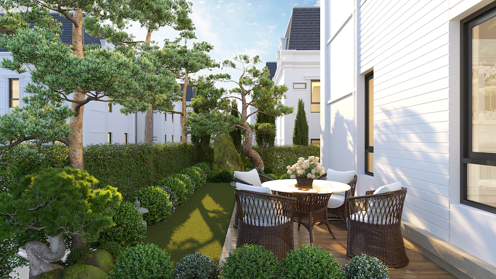 Biệt thự Thảo Viên Villas với không gian bốn bề được bao phủ bởi cây cối, hoa cỏ tươi mát.