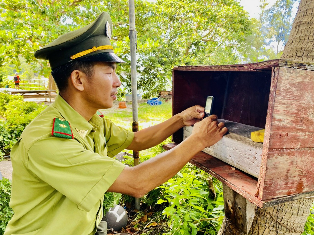 Ông Trần Đình Đồng gọi “điện thoại cục gạch” trao đổi công việc từ gốc cây dừa.