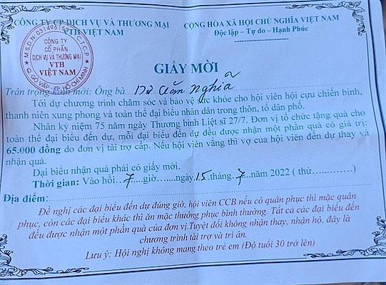 Giấy mời núp bóng “tri ân người lính”, để bán hàng trái phép.