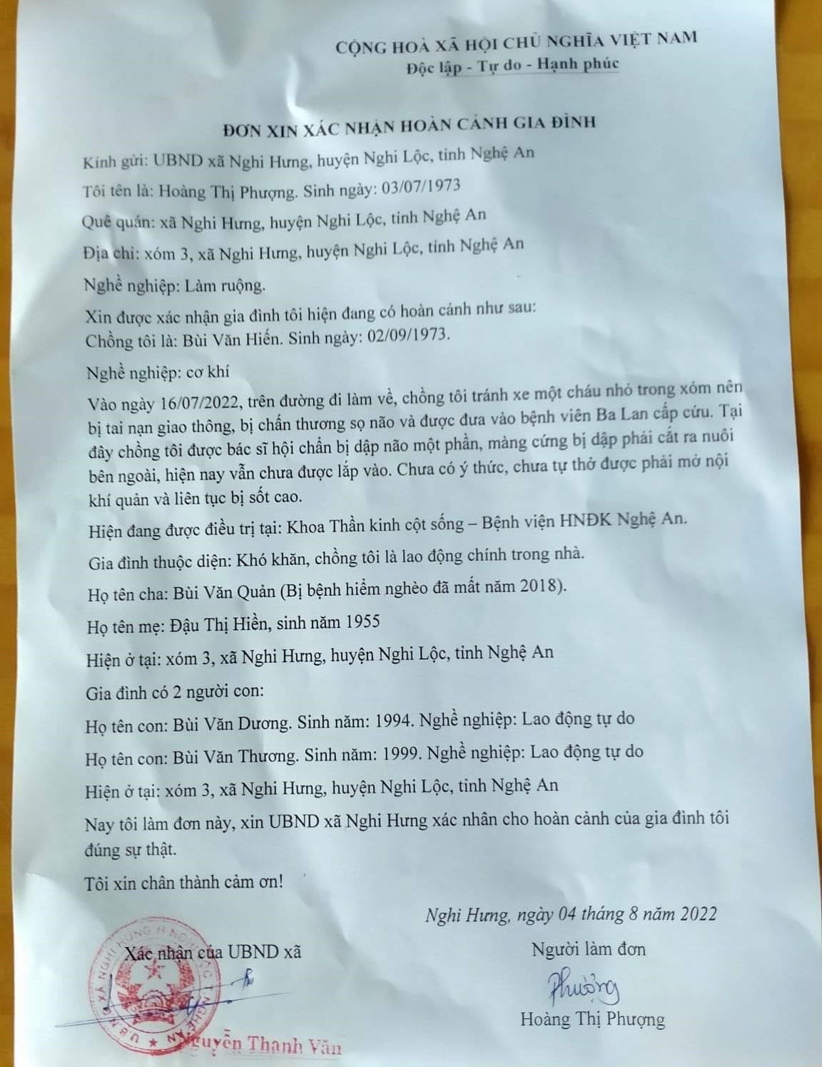 Lời khẩn cầu của người vợ có chồng bị tai nạn giao thông không có tiền chữa bệnh