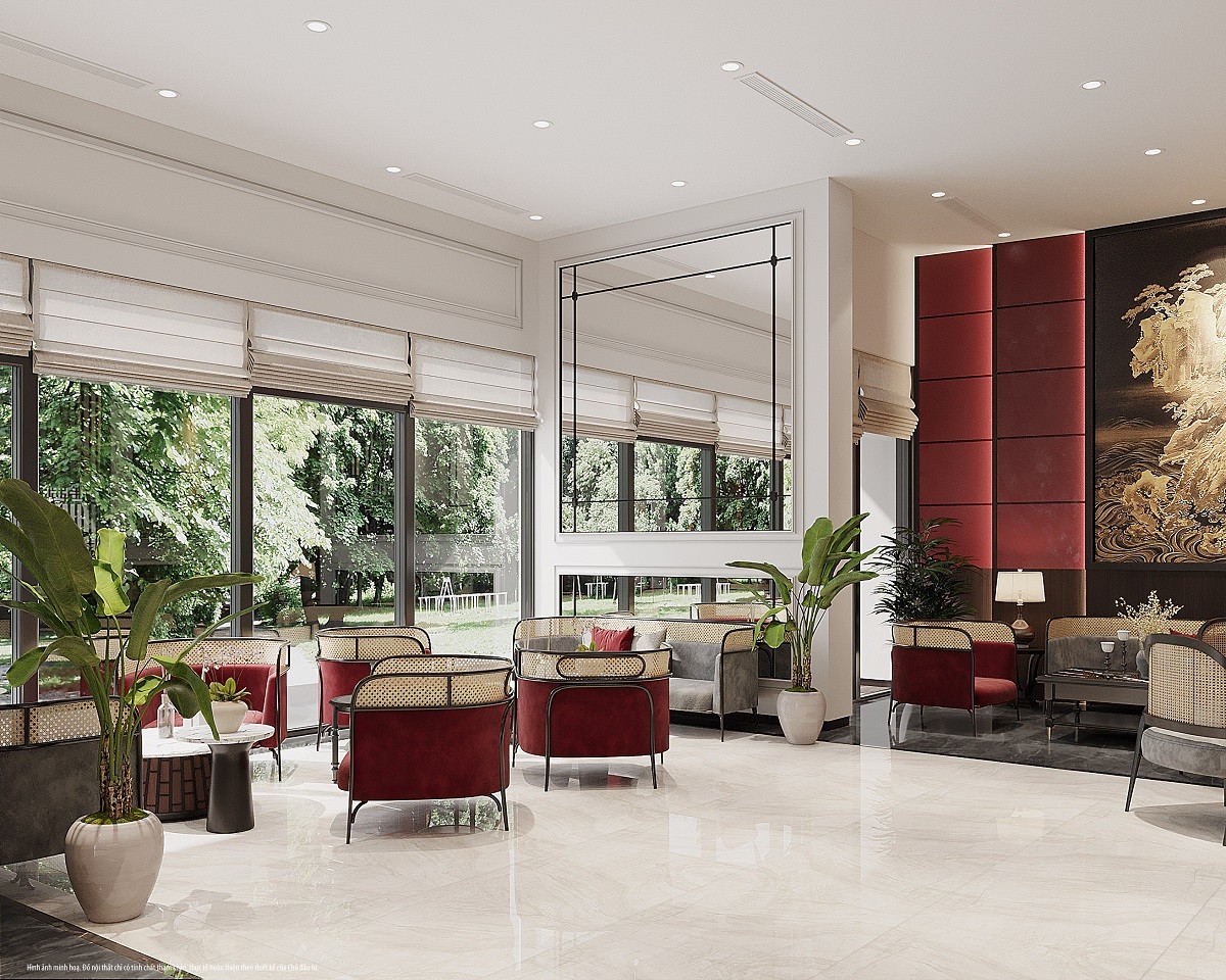 Sảnh đón khách tại toà căn hộ TK2 - Maison Détox mang đậm sắc màu Đông Dương quyền quý