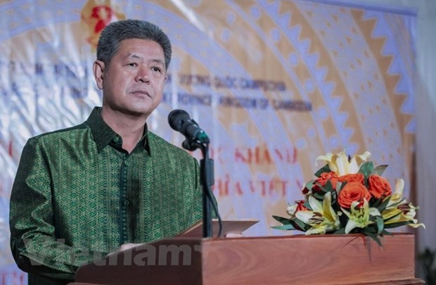 Ông Kouch Chamroeun, Tỉnh trưởng tỉnh Preah Sihanouk (Campuchia) phát biểu tại lễ kỷ niệm 77 năm Quốc khánh nước Việt Nam. (Ảnh: Minh Tú/Vietnam+)