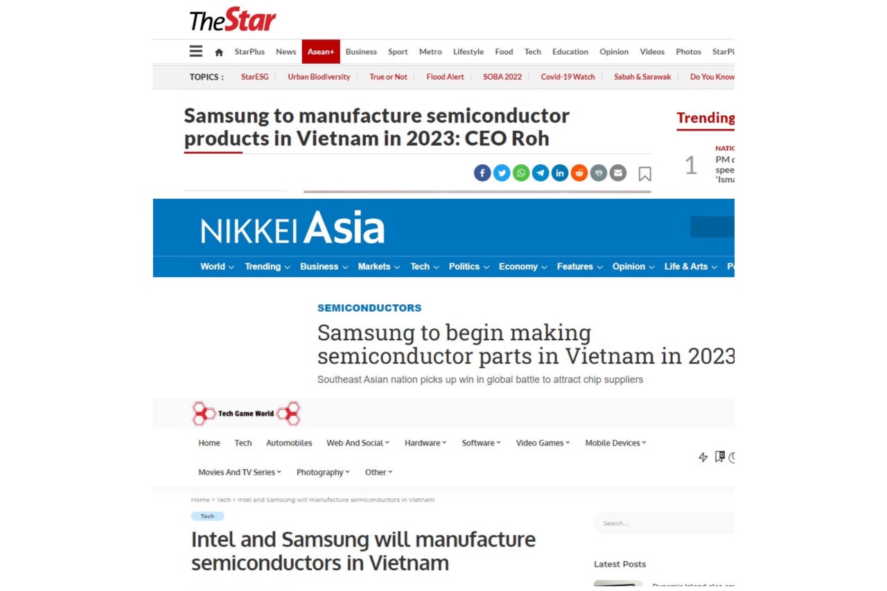 một loạt các trang báo như NikkeiAsia, TheStar, Tech Game World đã đưa tin “Samsung sản xuất bán dẫn ở Việt Nam từ năm 2023” (Ảnh chụp mành hình).