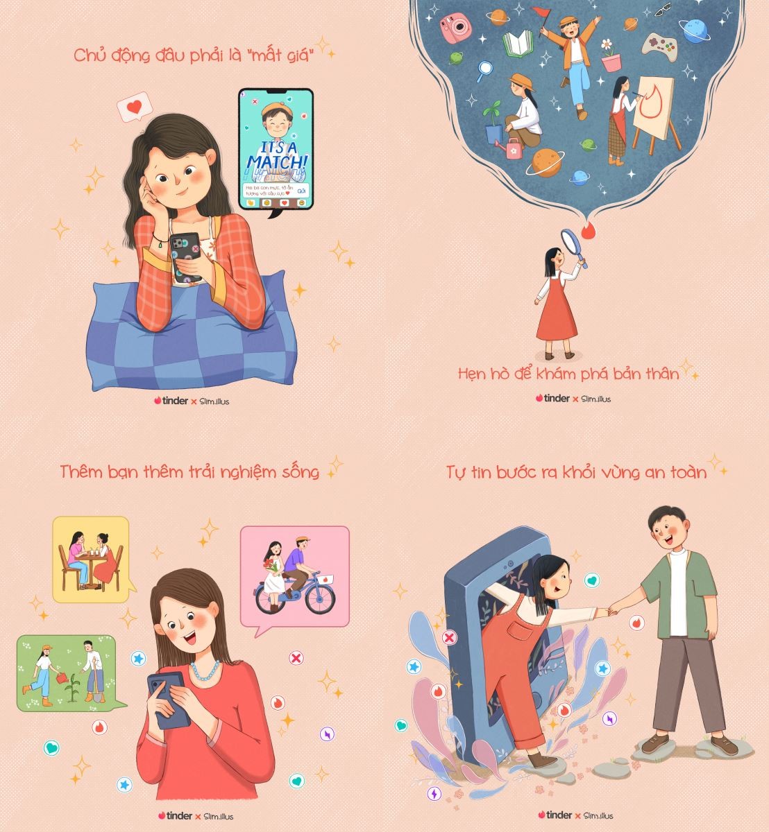 Tinder cùng họa sĩ Slim.illus vẽ tranh về câu chuyện hẹn hò trực tuyến của các bạn nữ Việt Nam