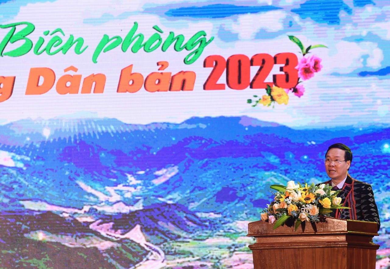 Ủy viên Bộ Chính trị, Thường trực Ban Bí thư Võ Văn Thưởng phát biểu tại chương trình “Xuân Biên phòng ấm lòng dân bản”.