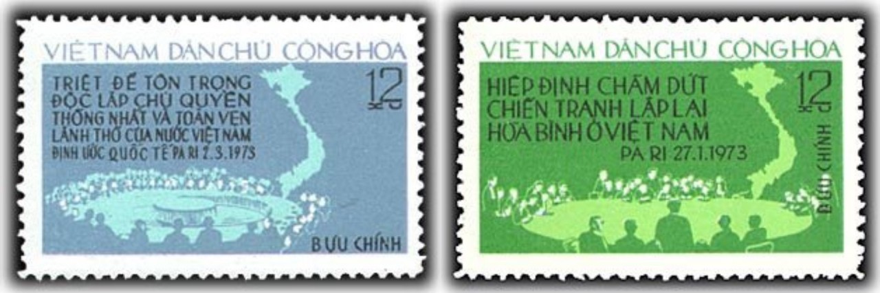 bộ tem “Hiệp định Pa-ri 1973 về Việt Nam” (Ảnh: 
