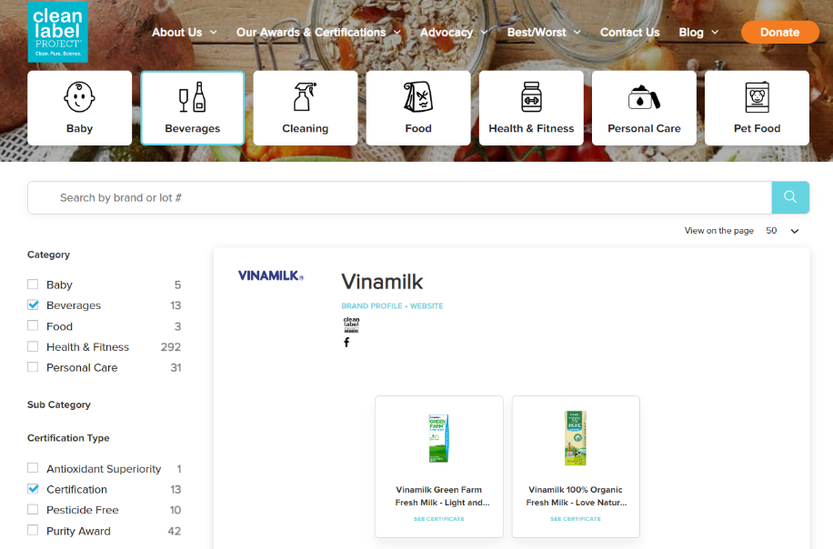 Sữa tươi đầu tiên trên thế giới đạt chứng nhận của Tổ chức Clean Label Project thuộc "Nhà Vinamilk"
