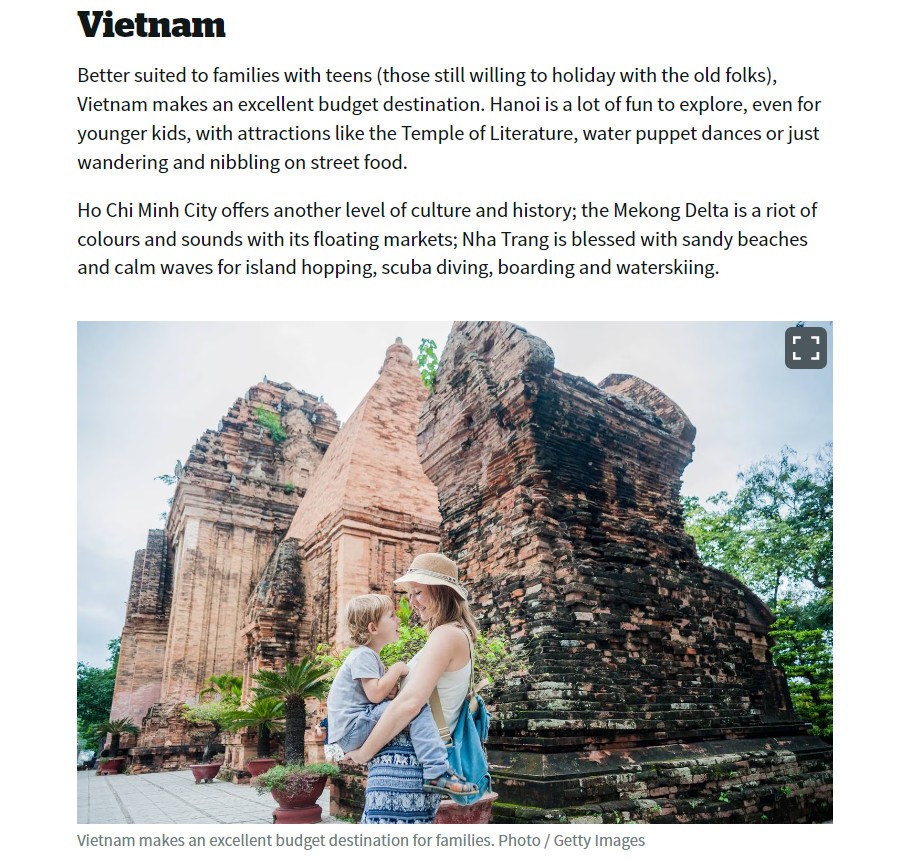 Thời báo New Zealand NzHerald đưa tin Việt Nam là điểm đến lý tưởng tại châu Á cho kỳ nghỉ gia đình (Ảnh chụp màn hình).