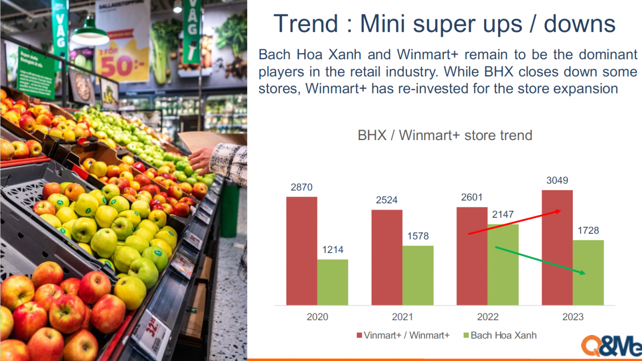 Winmart+ và Bách Hóa Xanh có sự biến động lớn về số lượng điểm bán trong năm 2022.