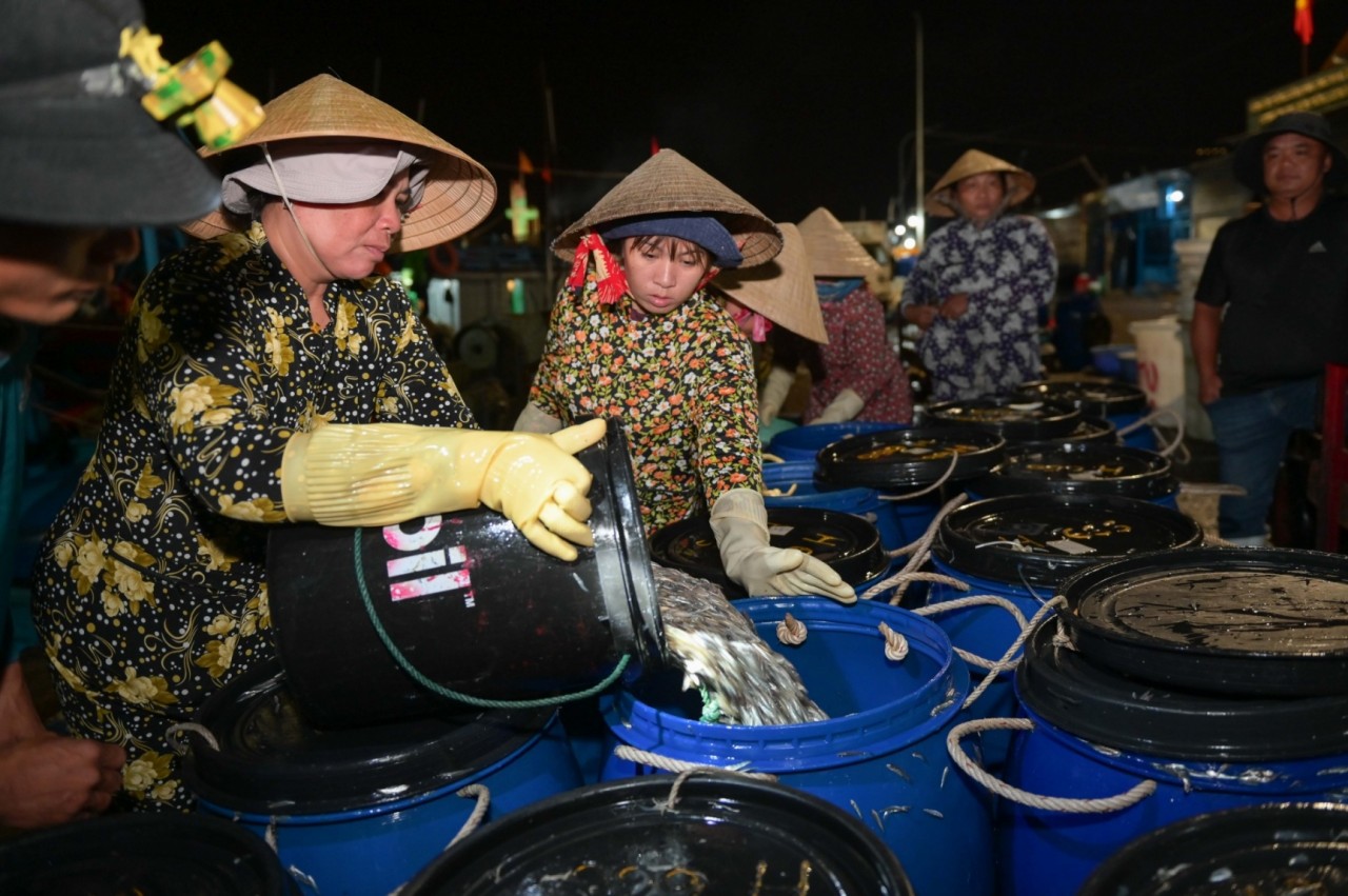 Hoạt động mua bán tại bến cá dân sinh Vĩnh Trường (tổ dân phố Trường Đông 1, phường Vĩnh Trường, TP Nha Trang, tỉnh Khánh Hòa). (Ảnh: baokhanhhoa.vn)