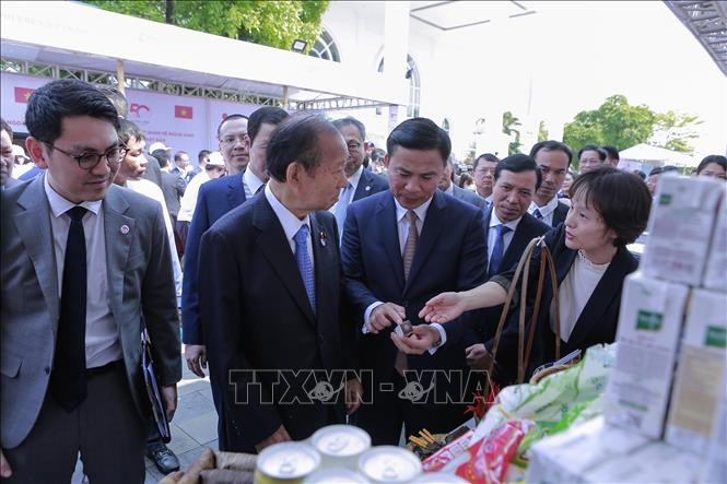 Các đại biểu tham quan gian hàng tiêu biểu, thế mạnh của tỉnh Thanh Hóa và các tổ chức, doanh nghiệp Nhật Bản. Ảnh: Trịnh Duy Hưng/TTXVN