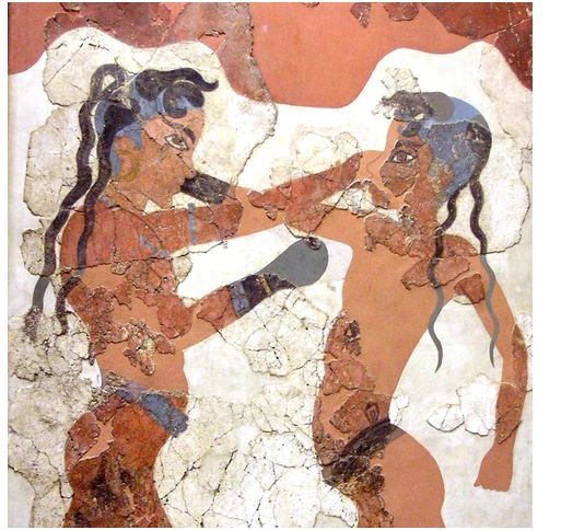 Võ sĩ trẻ với dreadlocks trên một bức bích họa từ Santorini, Hy Lạp. 1500–1600 TCN. Nguồn: Bảo tàng Khảo cổ Quốc gia Athens, CC BY-SA 3.0, qua Wikimedia Commons