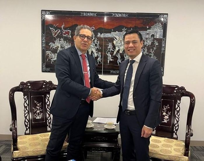 Đại sứ Đặng Hoàng Giang làm việc với ông Francisco Pichon, Điều phối viên thường trú Liên hợp quốc tại Cuba. (Nguồn: Báo Quốc tế)