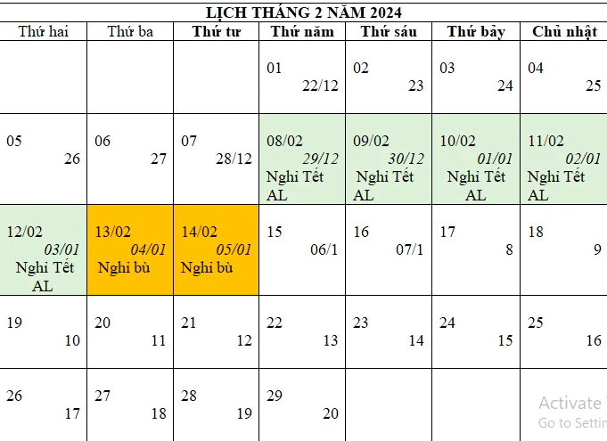 Lịch nghỉ Tết Nguyên đán 2024.