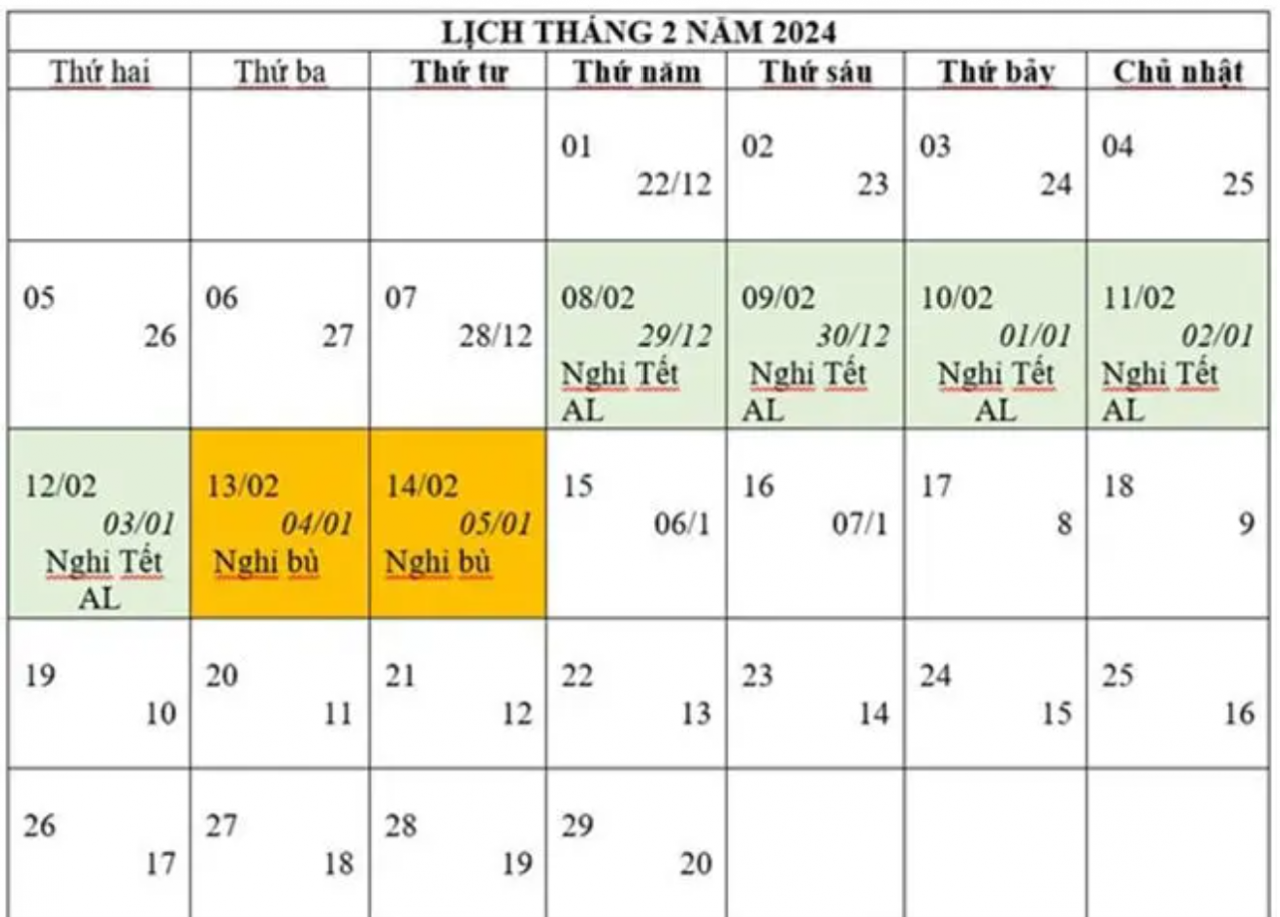 Lịch nghỉ tết Nguyên đán Giáp Thìn 2024