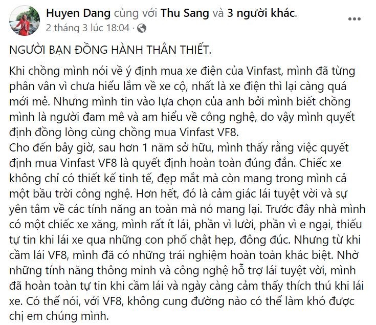 Chị Huyền Đặng gọi chiếc VF 8 của mình là người bạn đồng hành thân thiết.