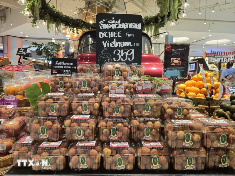 Những hộp vải tươi Việt Nam đầu tiên được bày bán tại siêu thị Gourmet Market ở Bangkok ngày 15/6. (Ảnh: TTXVN)