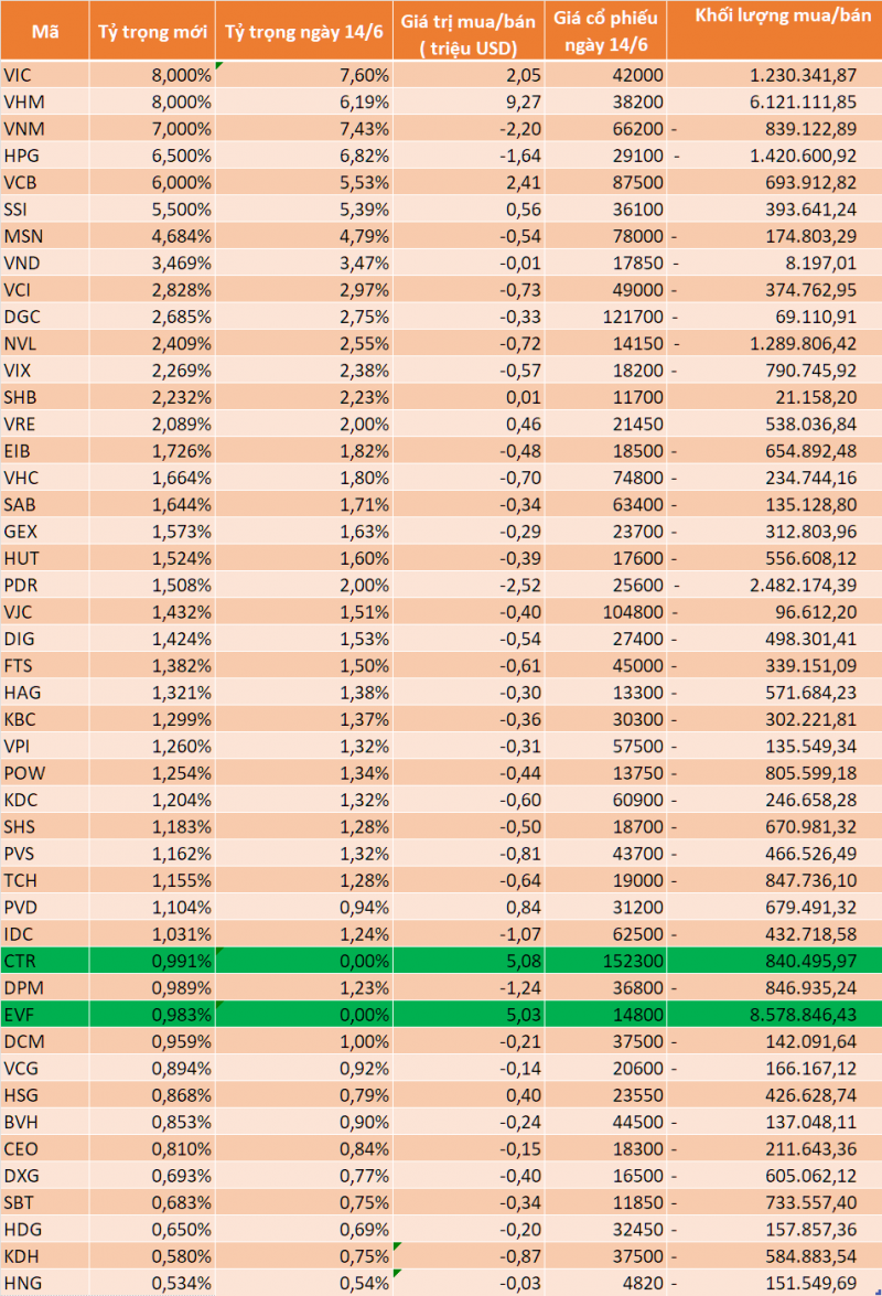 Quỹ ETF quy mô hơn 500 triệu USD sẽ mua mới EVF và CTR, mỗi mã hơn 5 triệu USD Quỹ ETF quy mô hơn 500 triệu USD sẽ mua mới EVF và CTR, mỗi mã hơn 5 triệu USD