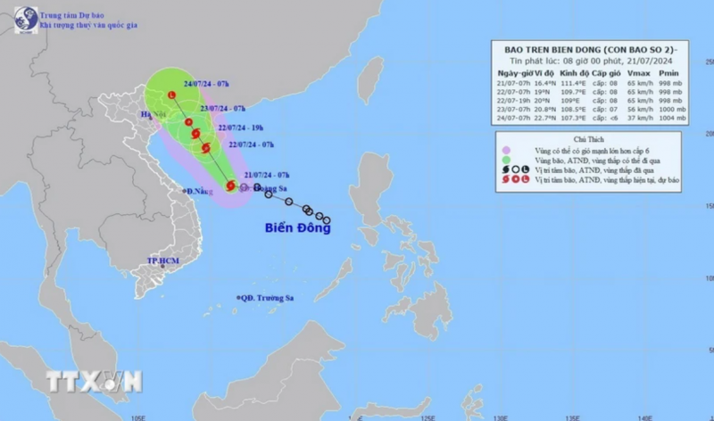 Hướng đi của cơn bão số 2, sáng 21/7. (Ảnh: TTXVN phát)