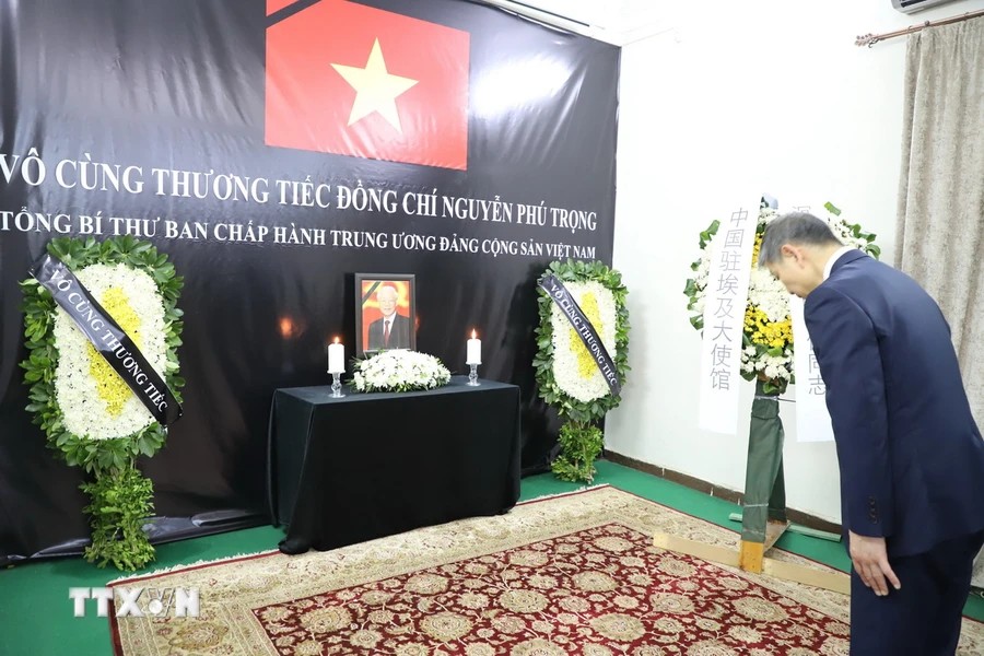 Đại sứ Trung Quốc tại Cairo (Ai Cập) Liêu Lực Cường viếng Tổng Bí thư Nguyễn Phú Trọng. (Ảnh: TTXVN)