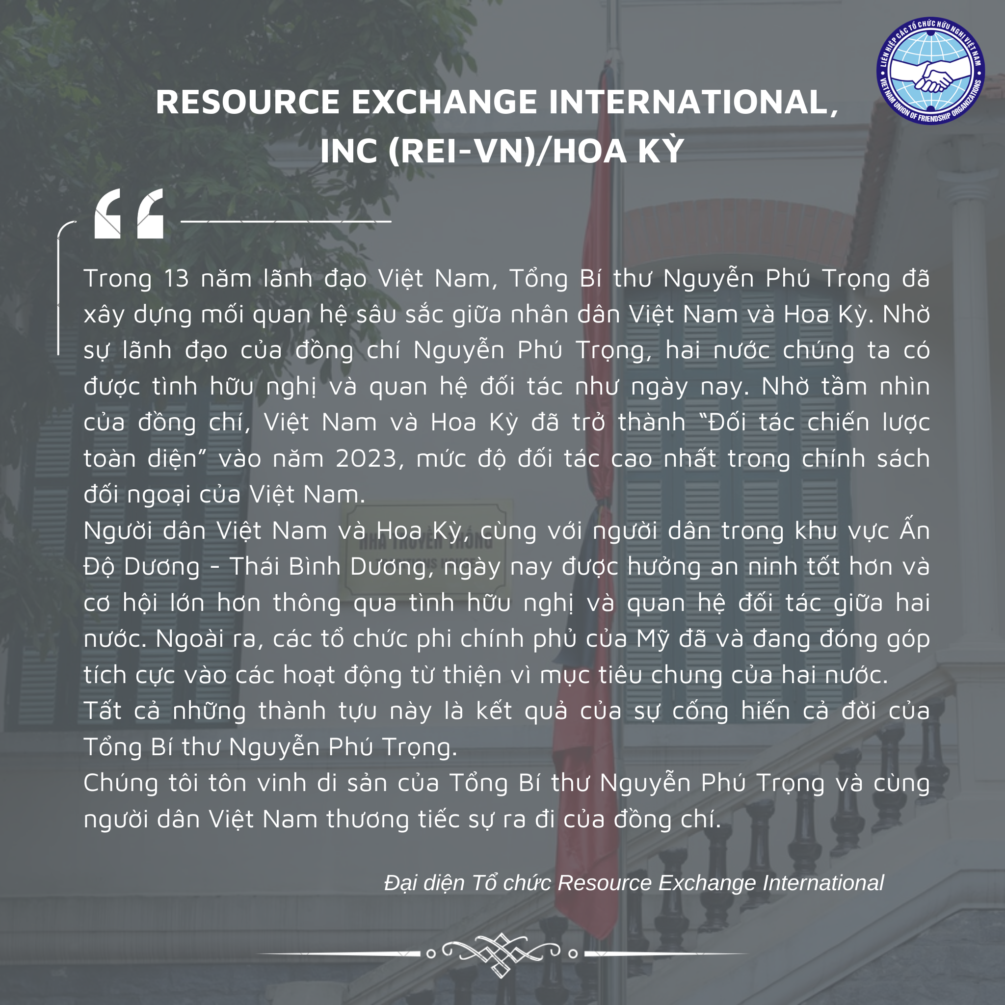 Các tổ chức phi chính phủ nước ngoài, Hội hữu nghị các nước gửi thư chia buồn Tổng Bí thư Nguyễn Phú Trọng từ trần