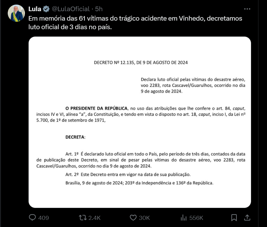 Bài đăng trên X của Tổng thống Brazil Luiz Inácio Lula da Silva. 