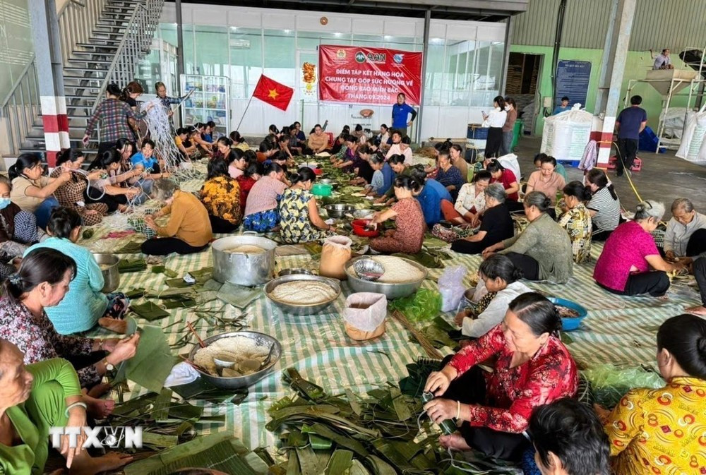 Công đoàn viên, hội viên phụ nữ huyện Lấp Vò tham gia gói bánh tét tặng đồng bào miền Bắc bị thiệt hại do bão số 3. (Ảnh: TTXVN phát) ttxvn_goi banh 2.jpg