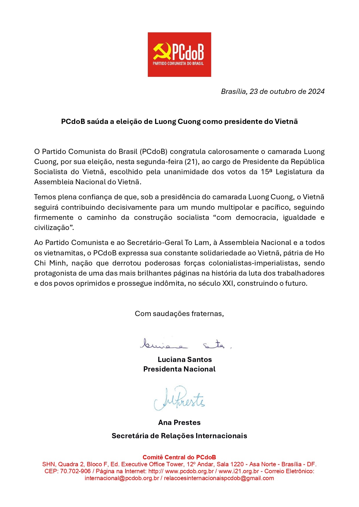 Thư chúc mừng của Đảng Cộng sản Brazil (PCdoB).