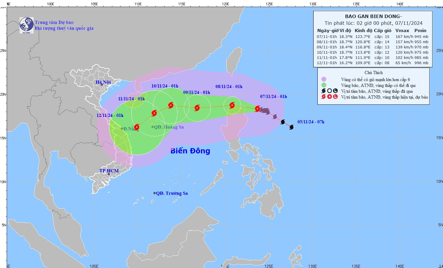 Đường đi của bão Yinxing. (Ảnh: nchmf.gov.vn)