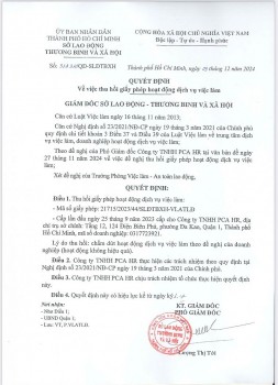 Thông báo về việc thu hồi giấy phép hoạt động dịch vụ việc làm