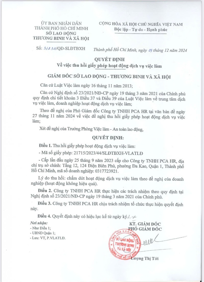 Quyết định về việc thu hồi giấy phép hd dịch vụ việc làm đối với cồn ty TNHH PCA HR