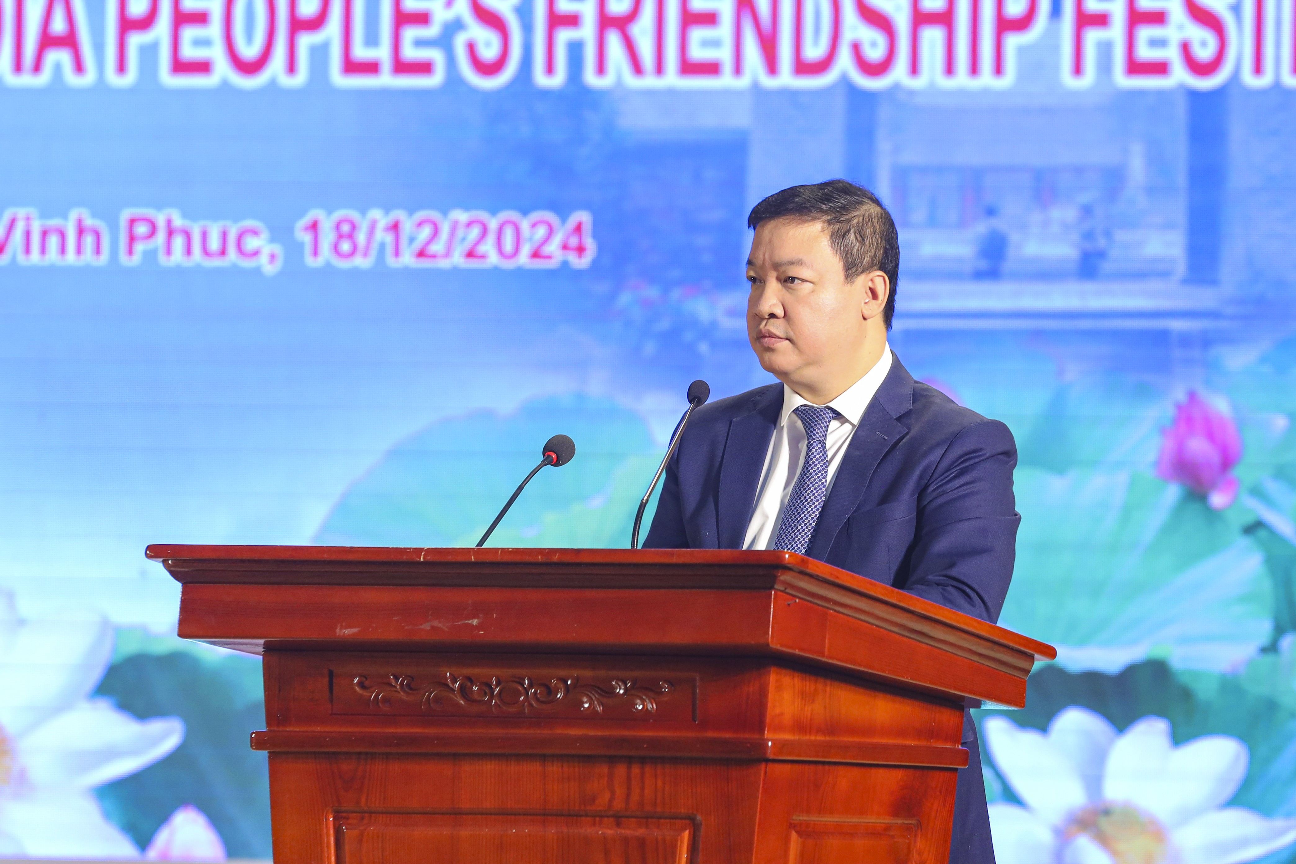 Phó Chủ tịch Liên hiệp các tổ chức hữu nghị Việt Nam phát biểu tại Lễ khai mạc Liên hoan hữu nghị nhân dân Việt Nam - Ấn Độ lần thứ 12. (Ảnh: Đinh Hòa)