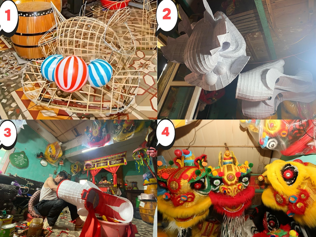 Hình dáng những đầu lân, sư, rồng qua các quy trình chế tác của nghệ nhân Trần Anh Phong (Ảnh: Bảo Ngọc)