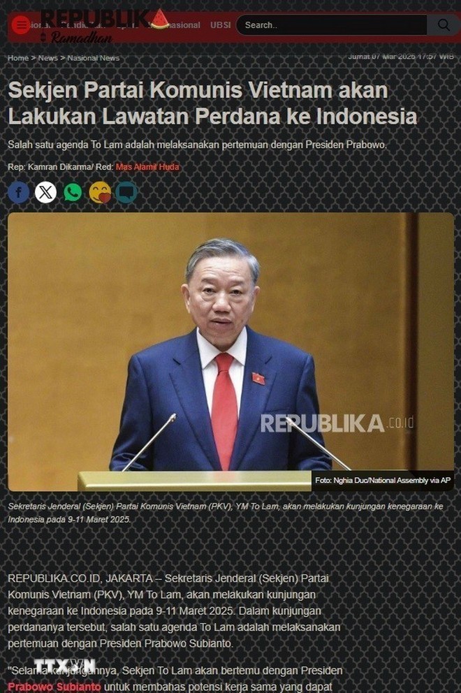 Báo chí Indonesia đồng loạt đưa tin về chuyến thăm của Tổng Bí thư Tô Lâm