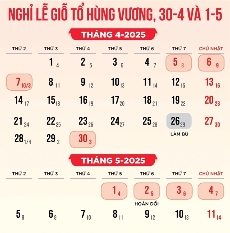 Giỗ tổ Hùng Vương, 30-4 và 1-5 được nghỉ bao nhiêu ngày?