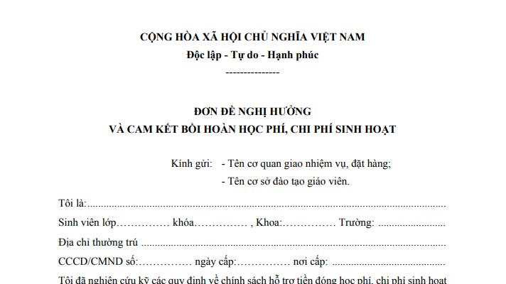 Mẫu đơn đề nghị hưởng và cam kết bồi hoàn học phí cho sinh viên sư phạm mới nhất 2025