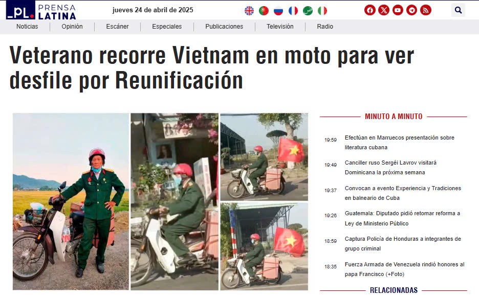 Bài viết về cựu chiến binh Trần Văn Thanh trên Prensa Latina. (Ảnh chụp màn hình)