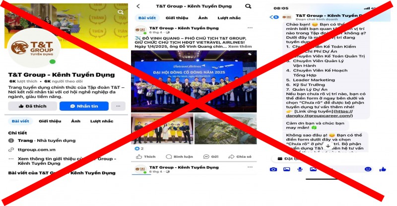Ảnh: Trang fanpage “T&T group – Kênh tuyển dụng” mạo danh T&T Group trên mạng xã hội để lừa đảo, chiếm đoạt tài sản
