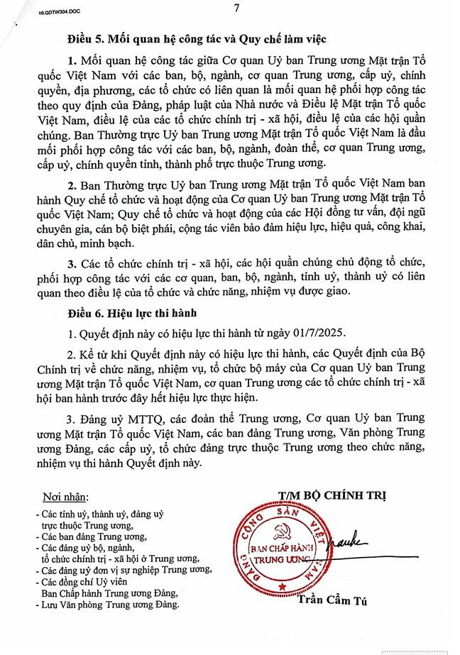Quyết định số 304-QĐ/TW của Bộ Chính trị, Ban Bí thư về chức năng, nhiệm vụ, tổ chức bộ máy Cơ quan Ủy ban Trung ương Mặt trận Tổ quốc Việt Nam