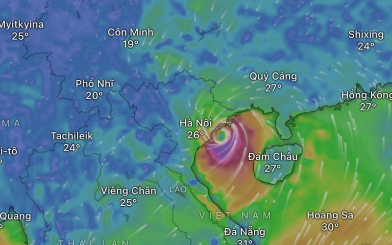 Vị trí của bão số 3 (Wipha) lúc 6 giờ sáng ngày 22/7 (Nguồn: Windy)