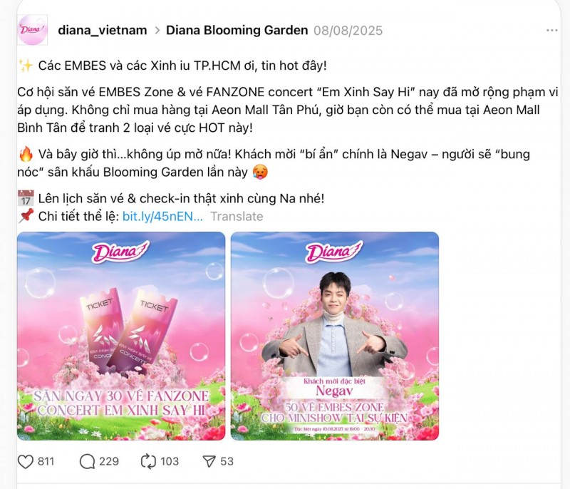 Nhãn hàng Diana công bố Negav là khách mời trong một sự kiện quảng bá diễn ra tại TP.HCM trước đó