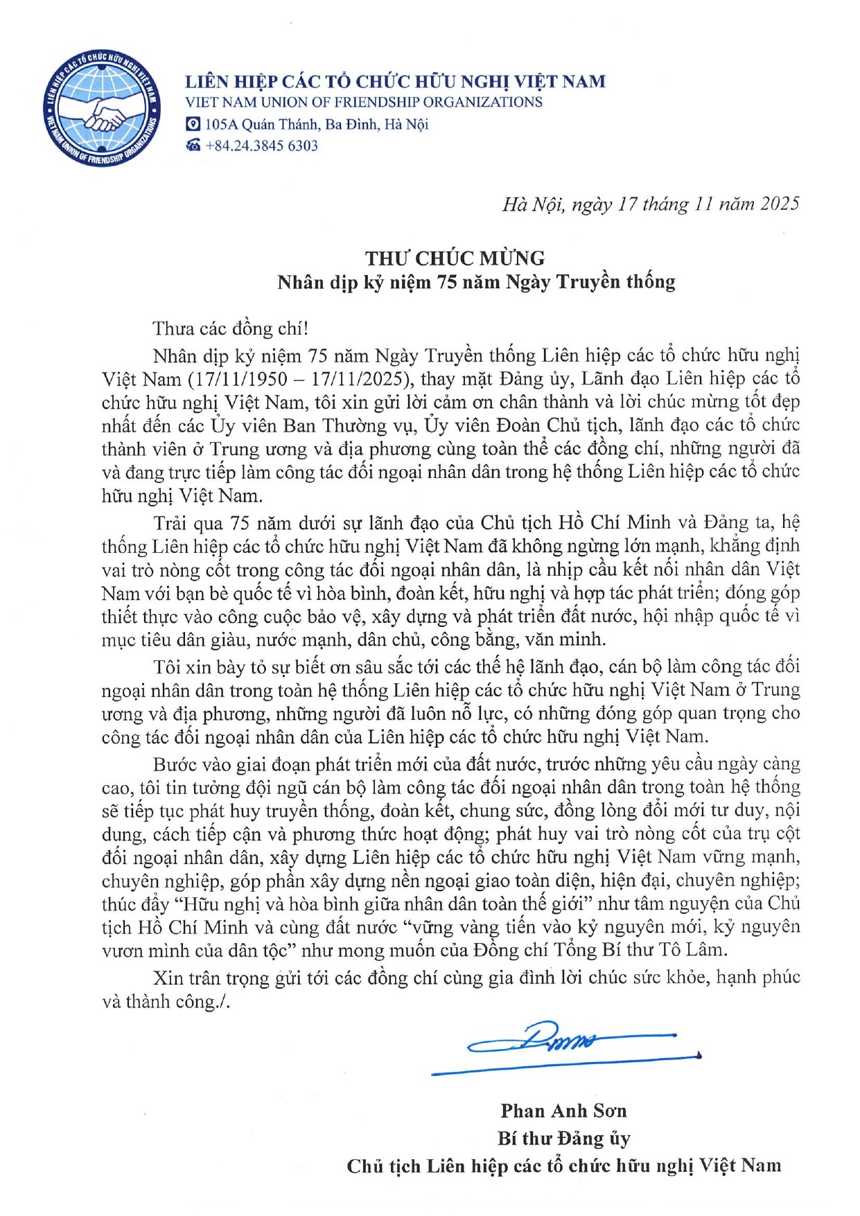 Thư chúc mừng của Chủ tịch Liên hiệp các tổ chức hữu nghị Việt Nam