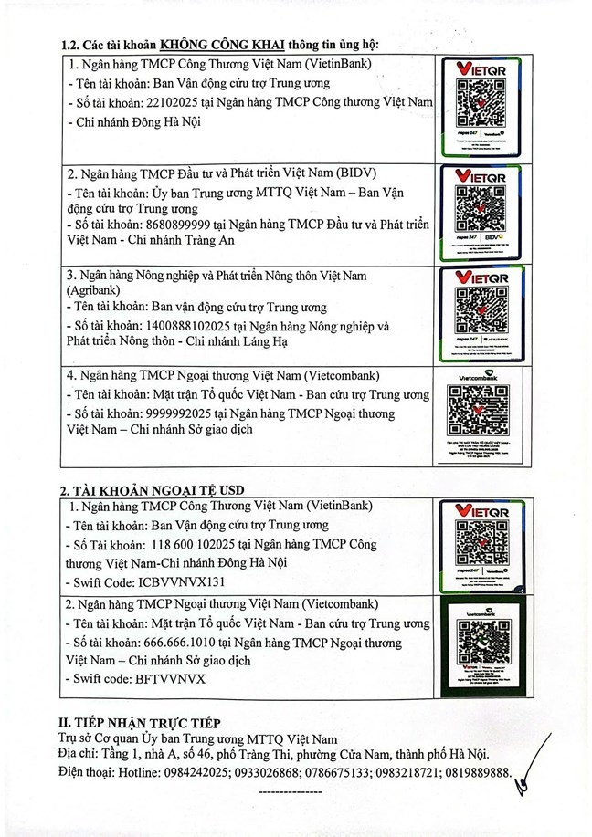 Thông tin tiếp nhận ủng hộ đồng bào bị thiệt hại do thiên tai. (Ảnh: Mặt trận Tổ quốc Việt Nam)