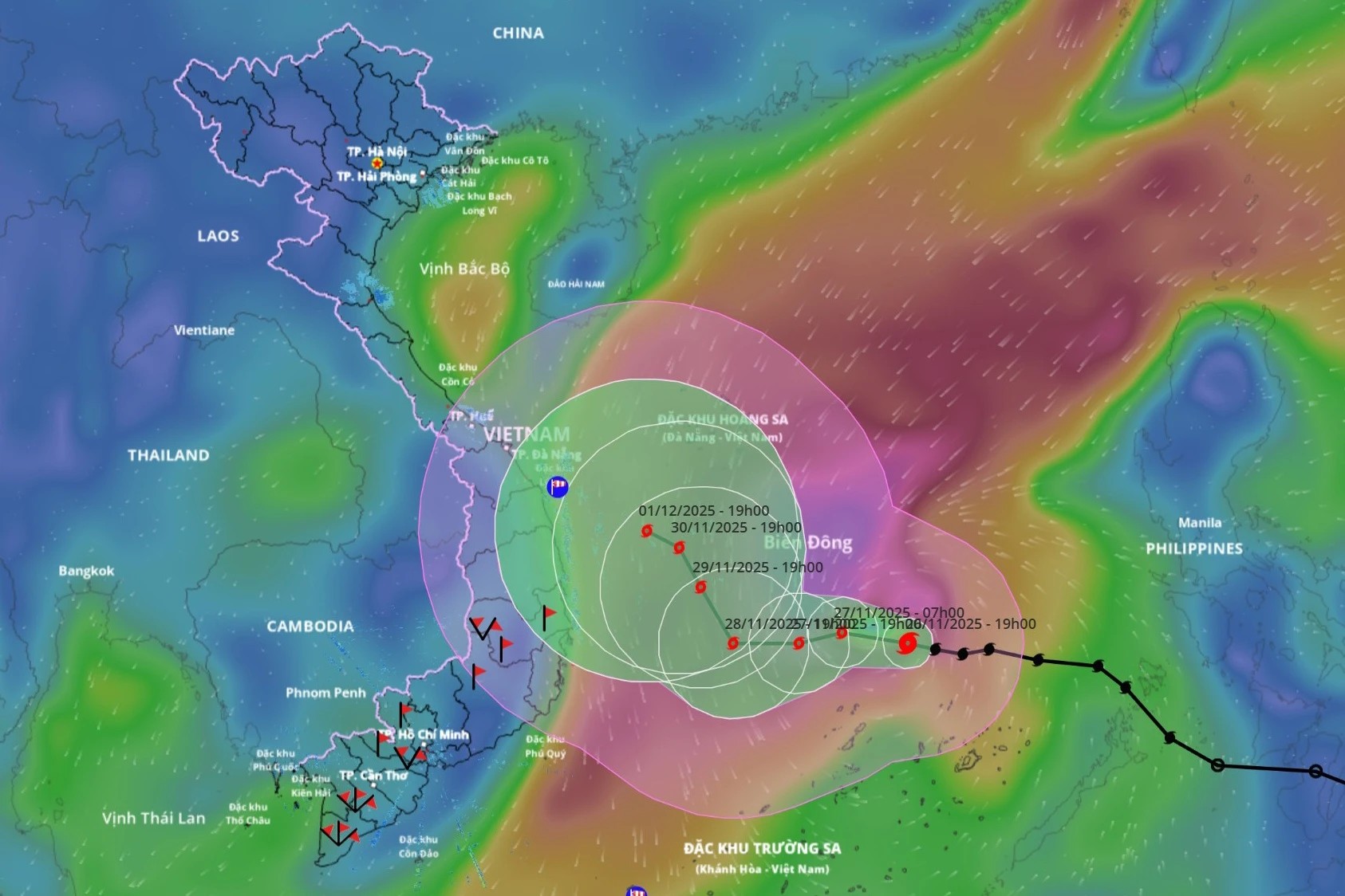 Dự báo hướng đi và vùng ảnh hưởng của bão số 15, lúc 20h ngày 26/11. Ảnh: Hệ thống giám sát thiên tai. Dự báo hướng đi và vùng ảnh hưởng của bão số 15, lúc 20h ngày 26/11. Ảnh: Hệ thống giám sát thiên tai.