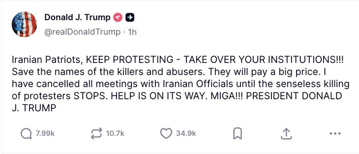 Dòng trạng thái được ông Trump chia sẻ trên mạng xã hội Truth Social vào tối 13-1 theo giờ Việt Nam - Ảnh chụp màn hình Dòng trạng thái được ông Trump chia sẻ trên mạng xã hội Truth Social vào tối 13-1 theo giờ Việt Nam - Ảnh chụp màn hình