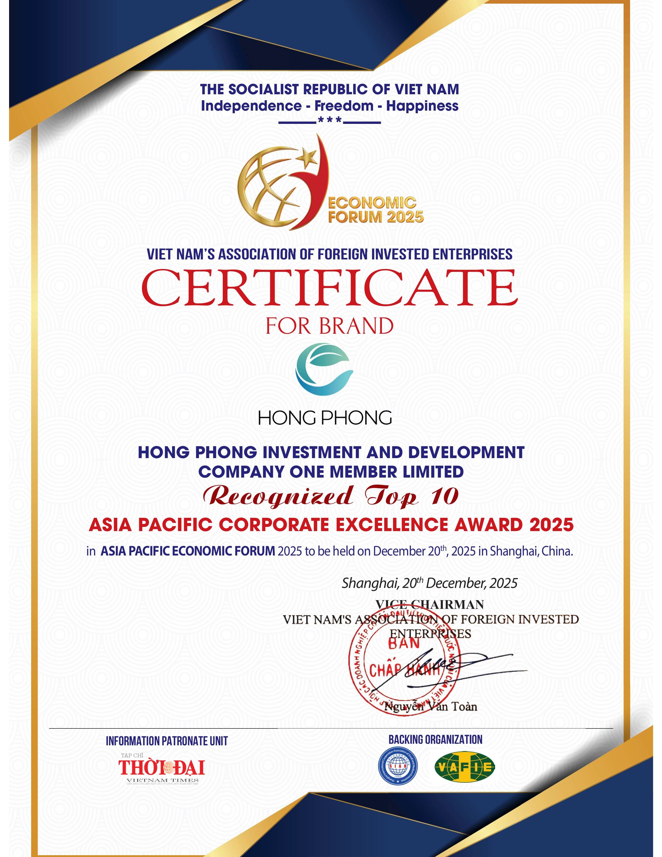 Hồng Phong Holdings tự hào được vinh danh tại Diễn đàn Kinh tế Châu Á - Thái Bình Dương 2025 Hồng Phong Holdings tự hào được vinh danh tại Diễn đàn Kinh tế Châu Á - Thái Bình Dương 2025