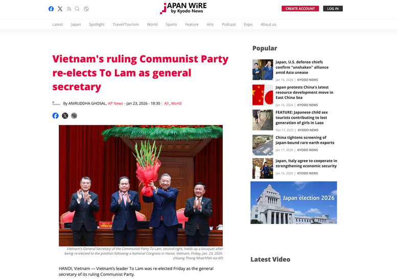 Hãng thông tấn Kyodo đưa tin Tổng Bí thư Tô Lâm tái đắc cử tại Đại hội XIV. Ảnh chụp màn hình.