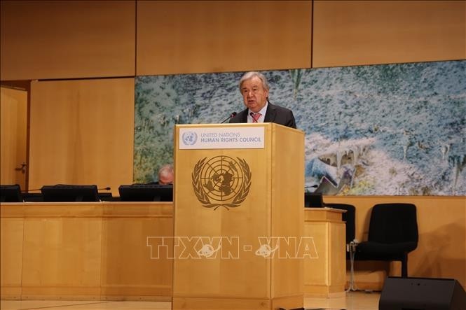Tổng Thư ký Liên hợp quốc António Guterres phát biểu khai mạc Khóa họp 61 của Hội đồng Nhân quyền Liên hợp quốc. (Ảnh: TTXVN)